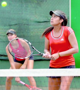 Action from yesterday’s ITF Girls’ Doubles final -  					Pic by Ranjith Perera