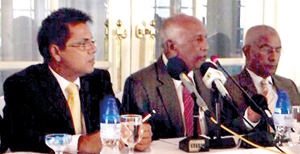 MDP members led by former Maldivian Foreign Minister Ahmed Naseem, hold a news conference in Colombo on Tuesday, to express concern about growing political instability there