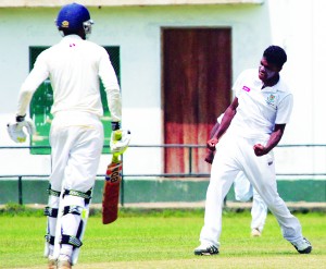 St. Sebastian’s opening bowler Anuk Fernando, who took a match bag of six scalps, celebrates the wicket of Royal College opener Shanuka Kodituwakku. 							 - Pic by Amila Gamage