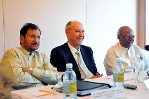 Ravinatha Aryasinha, Sri Lanka’s Ambassador at the UN, Geneva; Francis Gurry, WIPO Director General and Senior Minister Tissa Vitarana at the media briefing. Pic by Mangala Weerasekera.