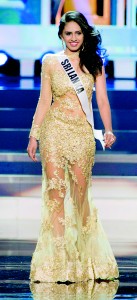 Amanda Ratnayake, Miss Sri Lanka 2013, competes in her evening gown during the preliminary competition at Crocus City Hall in Moscow