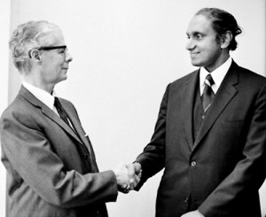 This United Nations photo shows Dr. Gamani Corea, upon his appointment as Secretary-General of the United Nations Conference on Trade and Development (UNCTAD), shaking hands with his predecessor Manual Perez-Guerrero. The UN website caption says: Gamani Corea, Ambassador of Sri Lanka to the European Economic Community and concurrently to Belgium, Luxembourg and the Netherlands, has been appointed as the next Secretary-General of the United Nations Conference on Trade and Development (UNCTAD). He was appointed by the Secretary-General of the United Nations, Kurt Waldheim, and the appointment  was confirmed by the General Assembly on 6 December 1973. Mr. Corea will succeed Manual Perez-Guerrero of Venezuela, who has held office since March 1969, upon the completion of his term ending on 31 March 1974. Mr. Corea's term of office ends on 31 March 1977.