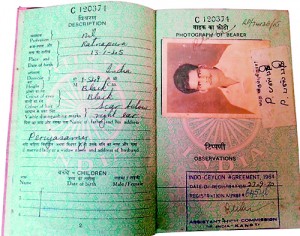 The first page of P. Paspathi's passport showing his birthplace in Sri Lanka and his registration number as per the India-Sri Lanka pact of 1964
