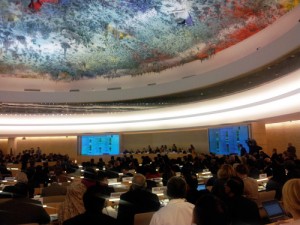 This March 2011 file picture shows UNHRC sessions adopting the first US-backed resolution against Sri Lanka. The giant screens show the voting pattern