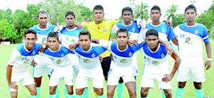 Air Force team: First row (from left): Nipuna Bandara, Kavindu Ishan, Subash Fernando, Harsha Fernando, Dimuthu Lakmal Back row (from left): Chaminda Fernando, S. Srikanth, Ruwan Prabath (GK), Chathuranga Lankesara, T.M. Bandara, Dilshan Fernando (Captain)