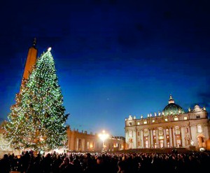 The giant Christmas tree in St. Peter’s Square was illuminated on Friday, December 13, and Pope Francis told visiting German  pilgrims that the tree symbolizes “the joy of the brilliant divine light.” (Reuters)