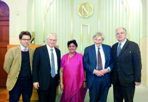 From left to right: Mats Berdal (Professor - War Studies Department, Kings College, UK), Wegger Strommen (Former Deputy Foreign Minister of Norway at the time when Norway was to be considered as the facilitator in the Sri Lankan peace process. He was involved only for a short time because there was a change of government and Eric Solheim became Norway's peace envoy), Ms. Suganthie Kadirgamar, Sir Adam Roberts, Mariano Aguirre (Director, Norwegian Peace Building Resource Center).