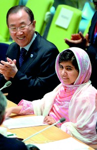 Pakistani student Malala Yousafzai (2nd R) is greeted by United Nations Secretary General Ban Ki-Moon in New York during the UN Youth Assembly. The UN has declared July 12 “Malala Day”, which is also Yousafzai's birthday, and will host the  UN Youth Assembly.  AFP