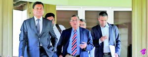 Asian Cricket Council chairman and Board of Control for Cricket in India (BCCI) chief N Srinivasan (C), Chief Executive of the Asian Cricket Council Syed Ashraful Huq (L) arrive for a Asian Cricket Council (ACC) meeting in Colombo yesterday. Sri Lanka is ready to step in and host the Asia Cup one-day tournament and the World Twenty20 if the two events are pulled out of violence-plagued Bangladesh, a top official told AFP on Friday. The Asia Cup had been scheduled to be held between February 24 and March 7 in the Bangladeshi capital Dhaka, which has been hit by violent protests and strikes in the build-up to general elections. - AFP