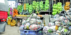 Fruits squashed and transported in plastic containers in front of a wayside fruit stall.                                                                                                                                             Pix by Indika Handuwala