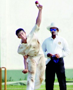 Royal spinner Harith Samarasinghe in action against St. Joseph’s