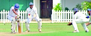 Moments before Ananda batsman Nisal Fransisco edged a Tharindu Ratnayake delivery to first slip Madushan Ravichandrakumar (far right) at Mt. Lavinia. Thomian spinner Ratnayake picked four wickets. - Pix by Ranjith Perera