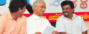 Parliamentarian Eran Wickramaratne seated between Wasantha Samarasinghe (JVP) and Anura Kumara Dissanayake (MP)  Pic by Mangala Weerasekara