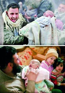 A combination photograph shows (top) a man carrying a baby who survived what activists say was an airstrike by Syrian forces in the Duma neighbourhood of Damascus on January 7, 2014 and (below) the same baby, 27-day-old Rateb Malis, being held by his father Abu Rateb Malis at a relative's home in the Duma neighbourhood of Damascus January 13, 2014. Reuters