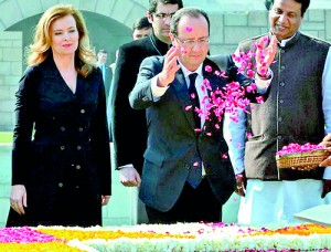 Valerie Trierweiler is seen here with Francois Hollande in Delhi on Valentine's Day 2013 (AFP)