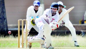 Richmond batsman Kamindu Mendis, who made 37, plays on the leg side during his brief knock against St. Joseph’s at Darley Road - Pic by Ranjith Perera