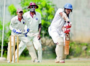 Colts batsman Milinda Siriwardena goes defensive during his knock of 77 against NCC - Pic by Ranjith Perera