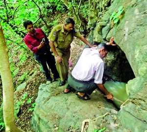 Four people were arrested last week inside this forest reserve in the Badulla area while they were pillaging an archaelogical site belonging to the Anuradhapura period. Here police and Archaelogical Dept. officers are seen at the site.  Pic by Palitha Ariyawansa