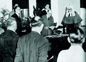 At 7 30 a.m.  on  Independence Day, His Excellency Sir Henry Moore who had just  vacated the office of Governor of the Colony of Ceylon, took his oaths as Governor-General of the Dominion of Ceylon. The Chief Justice Sir John Howard, on the right, administered the oath