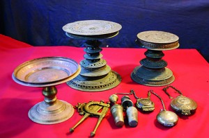 A favourite pastime: The betel-chew implements- mini betel-chopper, betel stand, ornamental nutcracker, the ‘killotaya’ for chunam and the stand on which  meals were placed when having them outside homes