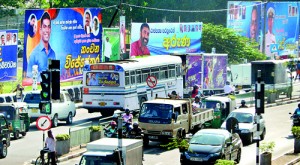 Political billboards galore in Matara town. Pic by Jeewaka Jayaruk