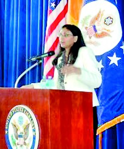 Ms. Biswal at the news conference at the US Embassy yesterday. Pic  courtesy @NishaBiswal
