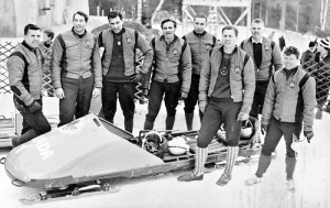The l964 Winter Olympics Canadian Bobsled team, left to right: Gordon Currie, John Emery, Christopher Ondaatje, Lamont Gordon,  David Hobart, Vic Emery, Peter Kirby and Douglas Anakin