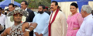 President Mahinda Rajapaksa and First Lady Shiranthi Rajapaksa being welcomed by Kandyan Dancers when they arrived at the Deyata Kirula exhibition in Kuliyapitiya. Pic by Jayamal Chandrasiri