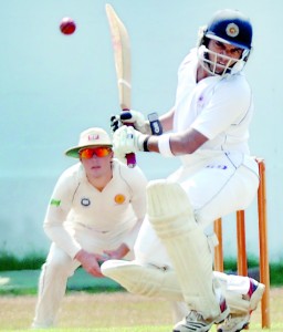 CCC’s Lasith Abeyratne watchfully leaves a bouncer on his way to score an unbeaten 234 against Badureliya SC at Maitland Place  	            - Pic by Amila Gamage