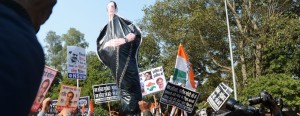 Indian Congress Party supporters prepare to burn an effigy of Tamil Nadu state Chief Minister Jayalalithaa during a protest in New Delhi. India's top court February 20 blocked the release of three of former premier Rajiv Gandhi's killers after Prime Minister Manmohan Singh denounced their freeing as against all principles of justice. They were among seven Tamil extremists who had been due to walk free from prison by this weekend after the chief minister of Tamil Nadu state ordered their release, sparking political uproar.-AFP