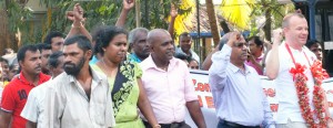 Global trade union leader Jyrki Raina shows his solidarity at a protest march at Biyagama in support of striking  Ansell workers. Pic by Quintus Perera .