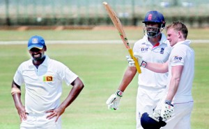 England Lions batsman Sam Robson  salutes on completion of his century. Robson made 147 not out. (Pic Shantha Ratnayake)