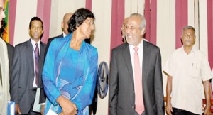 UN Human Rights High Commissioner Navi Pillay arriving for a meeting with Justice Minister Rauff Hakeem during her visit to Sri Lanka in August 2013. Pic courtesy justiceministry.gov.lk