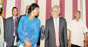 UN Human Rights High Commissioner Navi Pillay arriving for a meeting with Justice Minister Rauff Hakeem during her visit to Sri Lanka in August 2013. Pic courtesy justiceministry.gov.lk