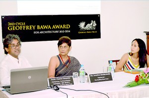 (From left)Chairman of the Technical Review Committee Architect Channa Daswatte, Chairperson of the Trust Sunethra Bandaranaike and judge Architect Eugenie Mack.  Pix by Susantha Liyanawatte