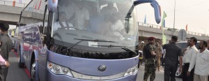 President takes the wheel of a bus at the opening of the Kaduwala-Kottawa highway. Pic by Gayan Amarasekera