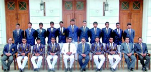 Royal team: Seated L to R: M.T.A. Rauf (Assistant Principal), Harith Samarasinghe, Devind Pathmanathan, Chamika Karunaratne, Upali Gunasekara (Principal), Sarath Keerthisena (Senior Deputy Principal), Anupa Tillakaratne, Hashen Ramanayake, E.G.M.Rajakaruna (MIC), Dilip Somaratne (Director of Coaching)  Standing L to R: Umesh Sooriyabandara, Duvindu Induranga, Geeshath Panditharatne, Hasitha Samarasinghe, Malith Kariyawasam, Himesh Ramanayake, Randev Pathirana, Thiran Dhanapala, Shashika Yasawardane, Naveen Withanapathirana