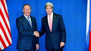 Russia's Foreign Minister Sergei Lavrov (L) and U.S.Secretary of State John Kerry meet  to discuss the Ukraine crisis, at the Conference on International Support to Libya,  in Rome on March 6 (REUTERS)