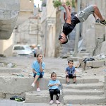 Gaza City, Gaza Strip Palestinian athlete Ahmed Abu Hasira demonstrates his parkour skills.