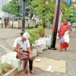 Town Hall: Child minder: A beggar leaves her child in the care of another person while she fetches something n	(R) Common sight: A tourist takes in a protest Pix by Indika Handuwala