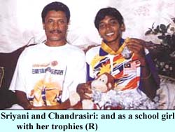 Sriyani and Chandrasiri: and as a school girl with her trophies (R)