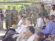 Premier Wickremesinghe with US State Department's South Asia Bureau Chief Christina  Rocca, in Jaffna. On their right are Ministers Tilak Marapana and Milinda Moragoda.