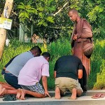 Anamaduwa Paying homage: A group of pedestrians worship a monk passing by. Pic Hiran Priyanka