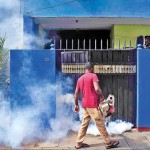 A man fogging at the suburban housing scheme in Maligawatta