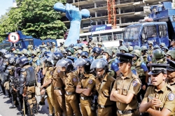 Headless police in protective headgear