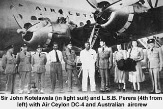 Sir John Kotelawala (in light suit) and L.S.B.Perera (4th from left) with Air Ceylon DC-4 and Australian aircrew
