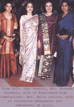From left: Ishu Sobhraj, Mrs. Naseema Chowdhry, wife of Bangladesh High Commissioner. Mrs. Nelly Junizar, wife of Indonesian Ambassador and Damayanthi de Alvis.