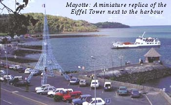 Mayotte: A miniature replica of the Eiffel Tower next to the harbour