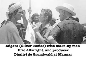 Migara (Oliver Tobias) with make-up man Eric Allwright, and producer Dimitri de Grundwald at Mannar