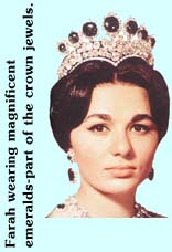 Farah wearing magnificent emeralds-part of the crown jewels.